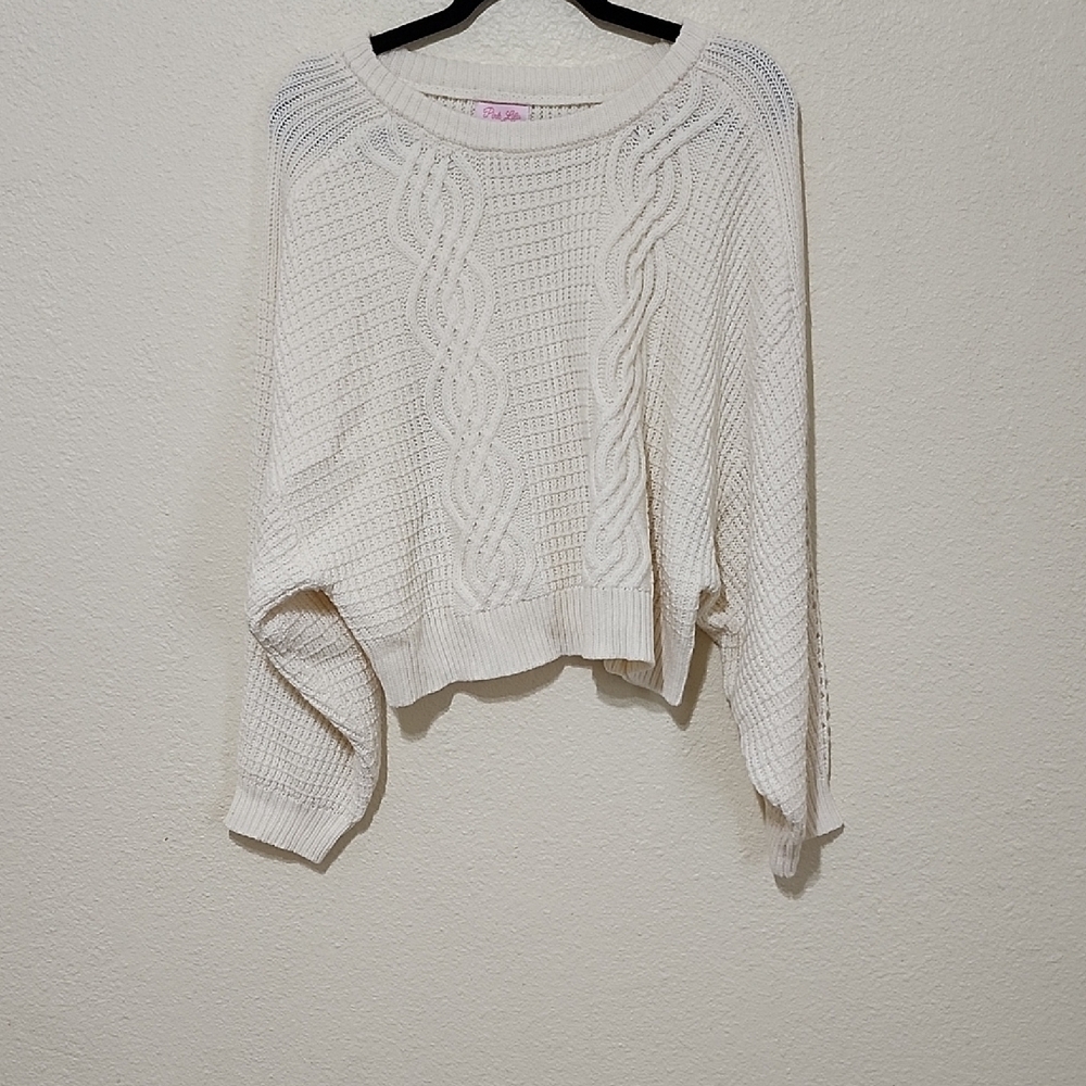 Pink Lily Cream Crew Neck Sweater with Knitted Texture